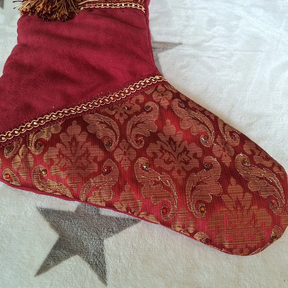 Red Velvet Christmas Stocking Gold Floral Brocade Tassel Beaded Features